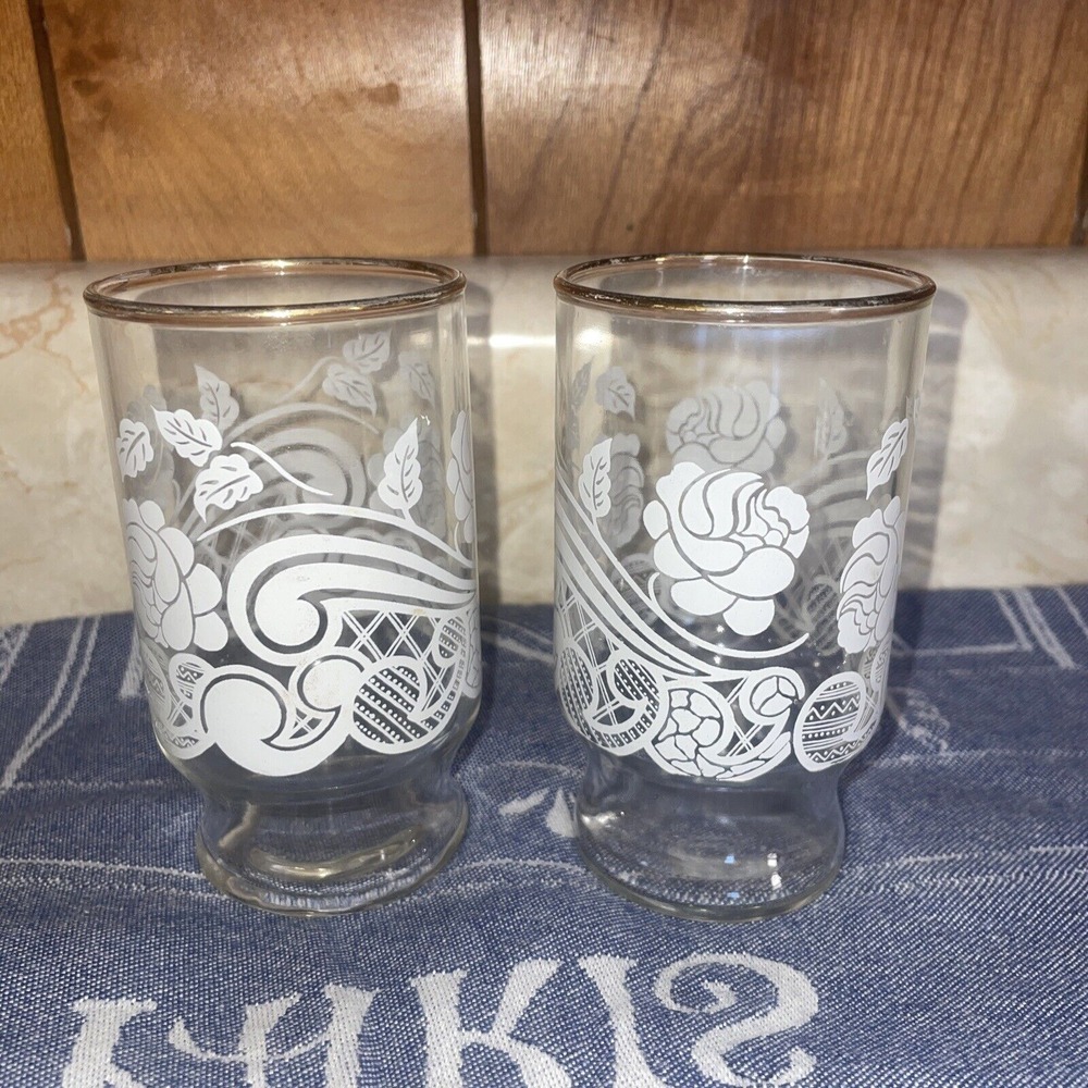 Set Of 2 Libbey Paisley Juice Glasses 4.25" White Rose Lace Design